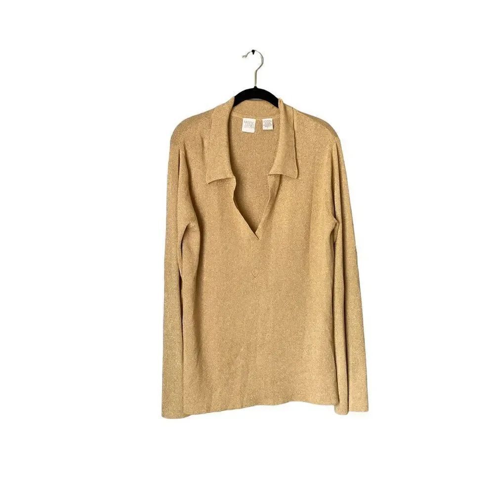 Mary Jane Marcasiano gold metallic thread long sleeve collard knit sweater size